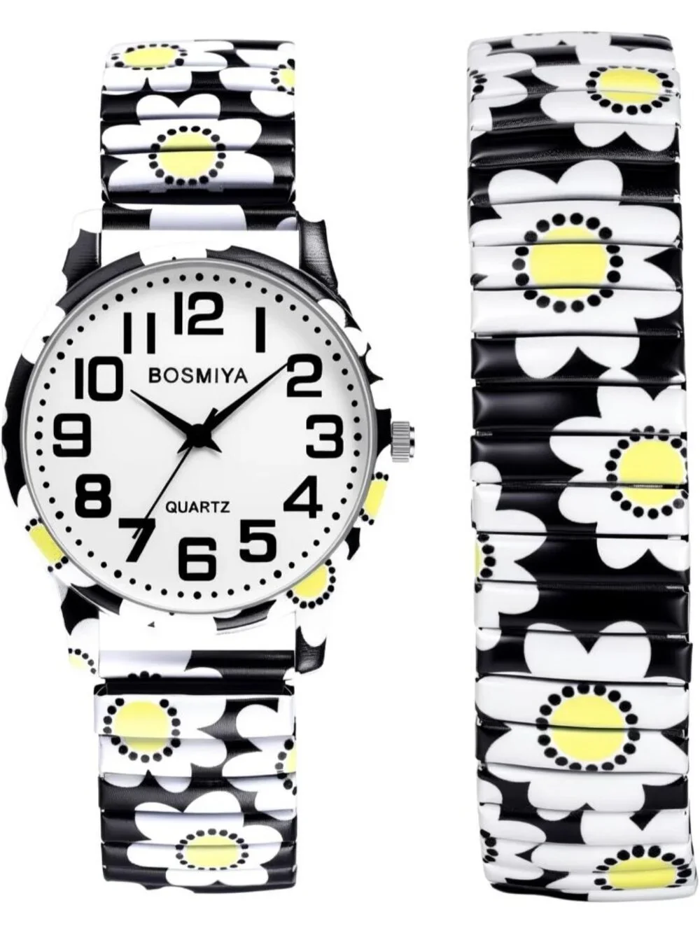 Women's White Flowers Analog Number Elastic Stretch Band Bohemia Bracelet Watch